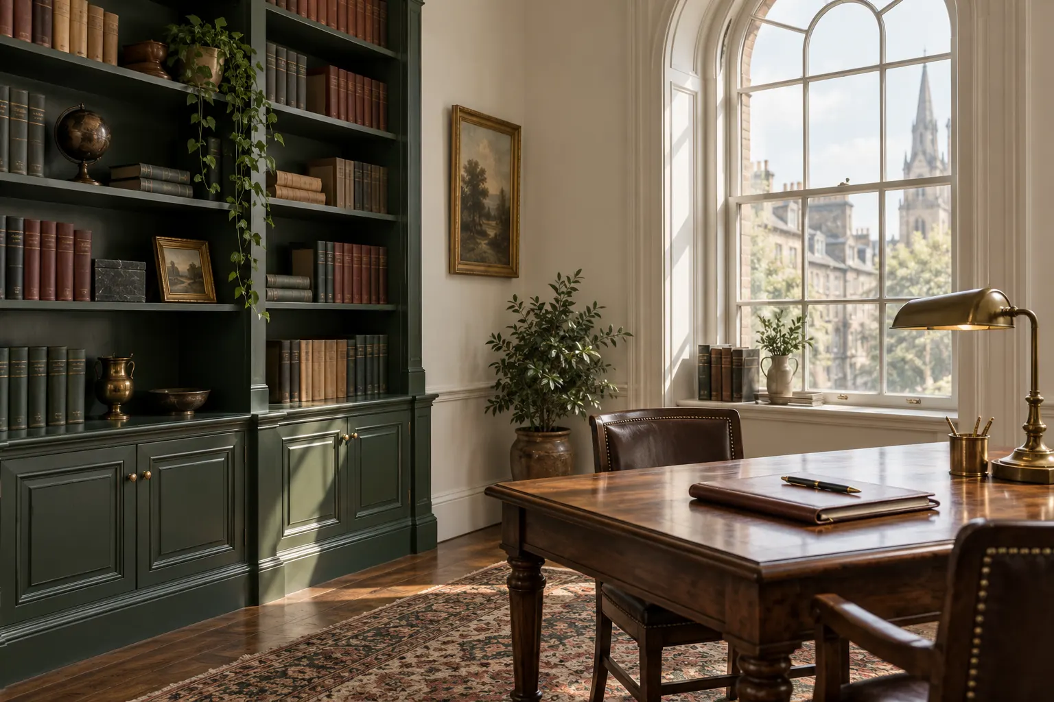 The firm’s library on the ninth floor: green bookshelves, a walnut reading table with a leather folio and a brass lamp, and morning light through a tall arched window.