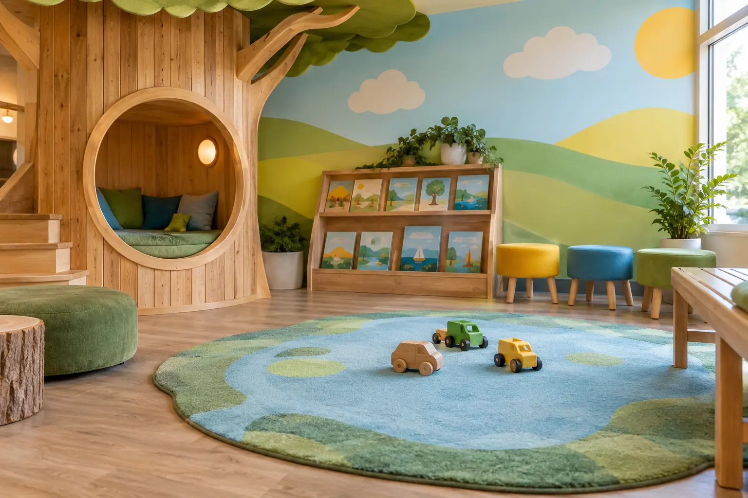 The Molarville waiting room: a wooden treehouse reading nook with cushions, a shelf of picture books, colorful stools and a pond-shaped rug with wooden toy cars
