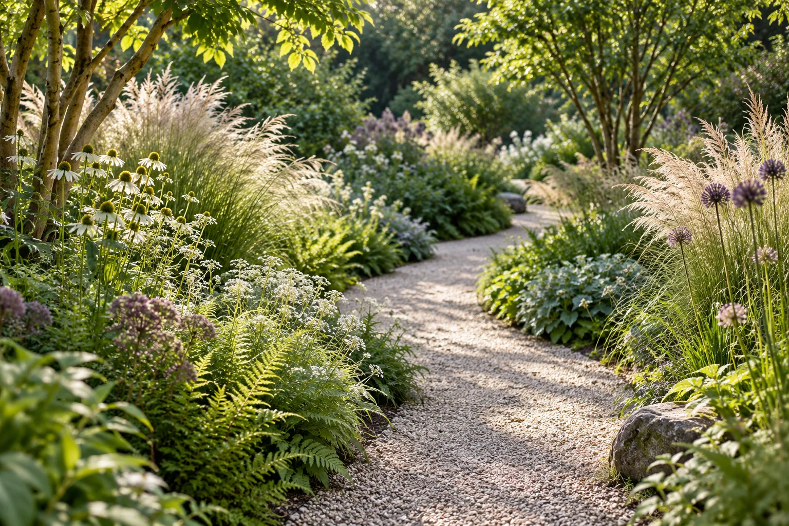 A pale gravel path curving through layered grasses, ferns and flowering perennials in a garden we designed