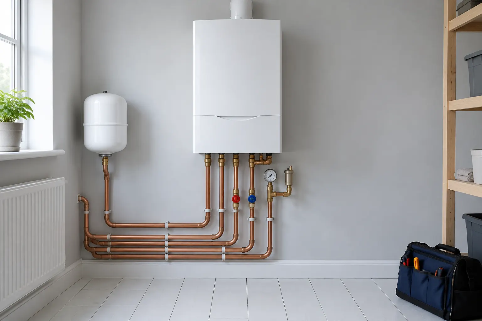 A newly installed white wall-hung boiler with copper pipes bent in neat parallel runs, a pressure gauge and red and blue isolation valves, and a navy tool bag on the floor