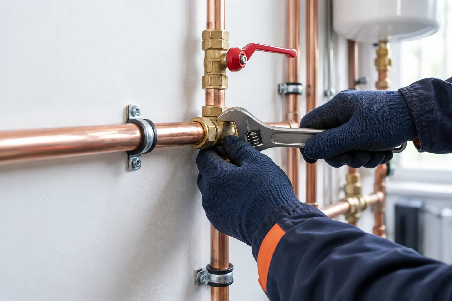 A Northwind plumber in navy work gloves tightening a brass fitting on new copper pipework, beside a red-handled isolation valve