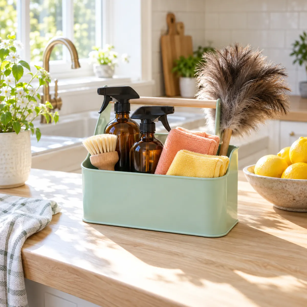 A mint cleaning caddy on a sunny oak counter, with amber spray bottles, a wooden scrub brush, peach and yellow cloths and a feather duster, beside a bowl of lemons