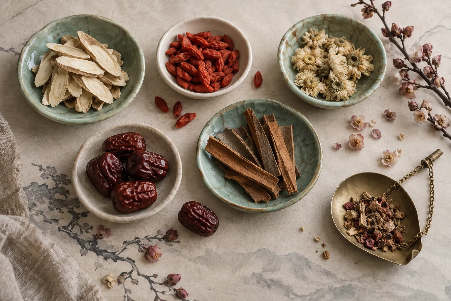 Dried herbs in small celadon dishes on rice paper: sliced root, goji berries, chrysanthemum flowers, cinnamon bark, jujube dates and a brass scoop
