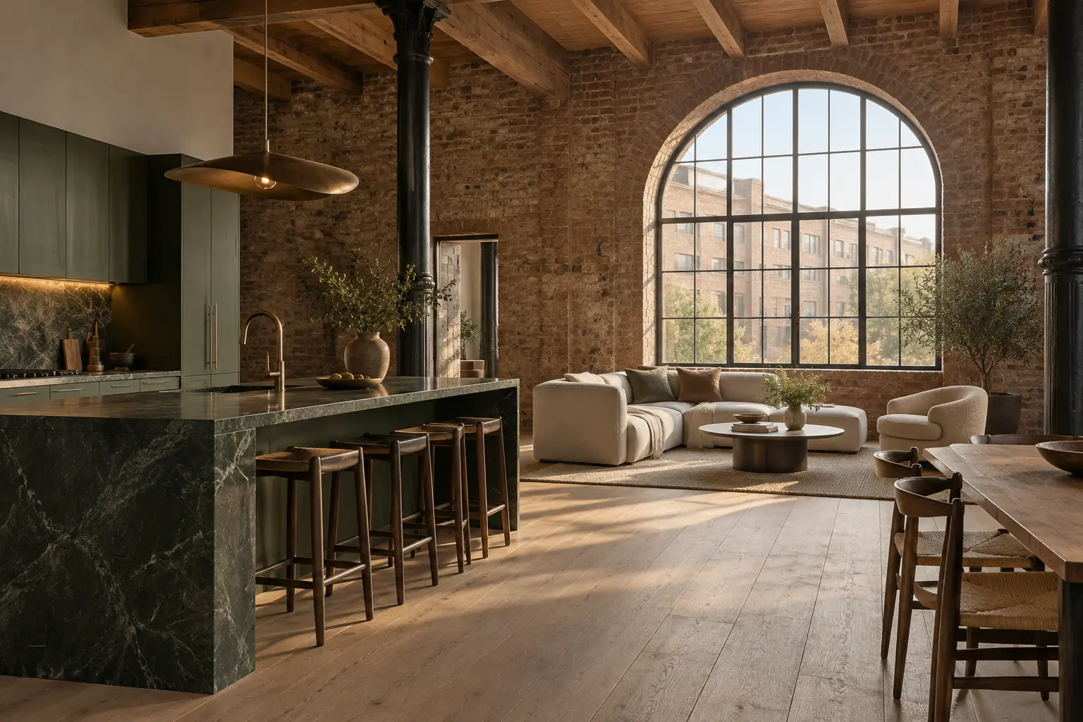 A finished loft: exposed brick, original timber beams and cast-iron columns, a tall arched steel window, a dark green stone kitchen island with bronze fittings and wide oak floors.