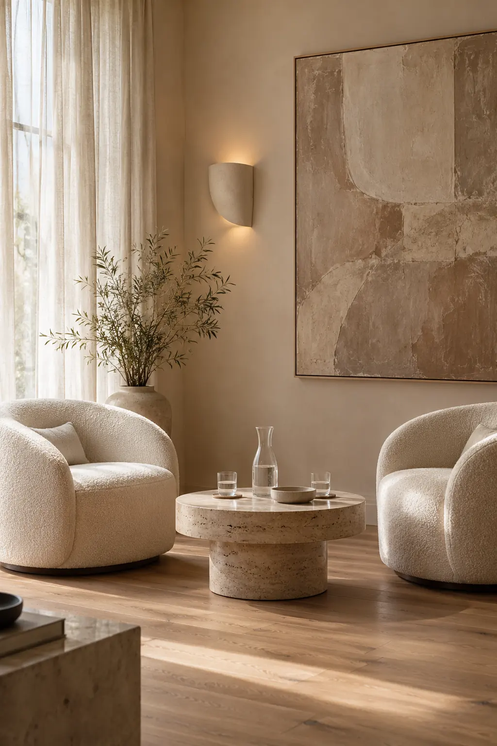 The Solenne lounge: two ivory armchairs facing a round travertine table with a water carafe, a plaster wall light and a large clay-toned canvas