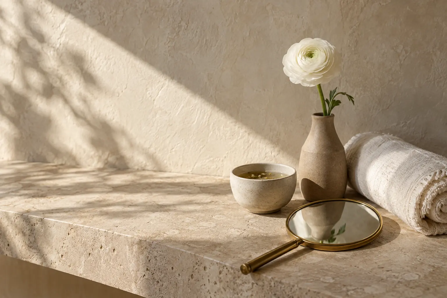 A still life on a travertine ledge: a brass hand mirror, a rolled linen towel, a cup of herbal tea and a single white ranunculus