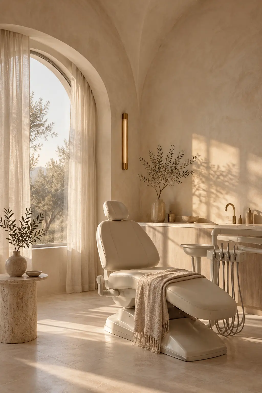 A private treatment suite at Solenne: a cream dental chair under an arched window with linen curtains, limewashed walls and an olive branch in a stoneware vase