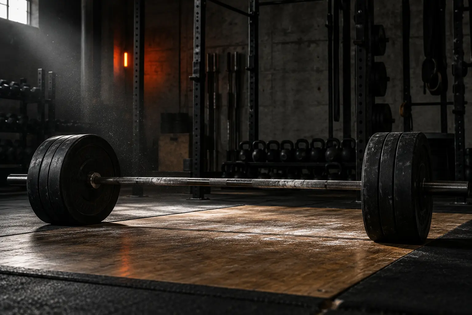 A loaded barbell resting on a wooden lifting platform with chalk on the bar, racks and kettlebells behind