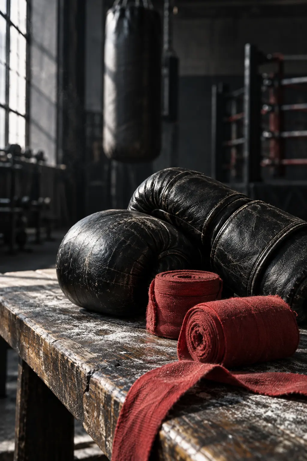 Red hand wraps rolled beside a pair of worn black boxing gloves on a chalky wooden bench