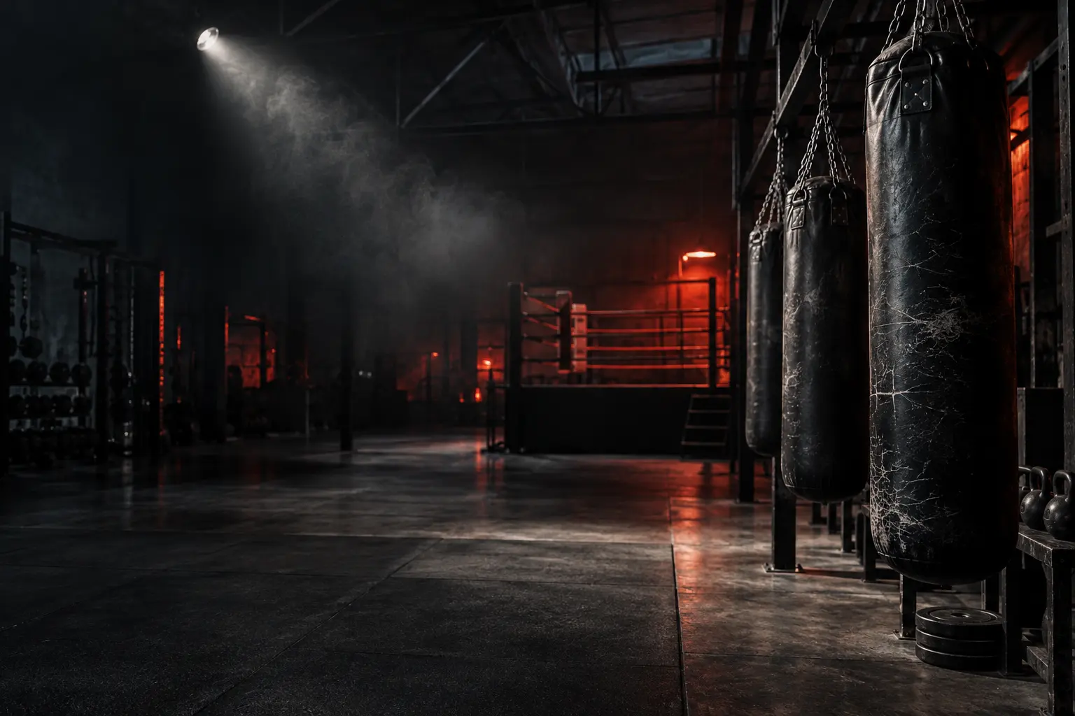 Worn black heavy bags hanging on chains in a dark gym, with a boxing ring lit red behind them