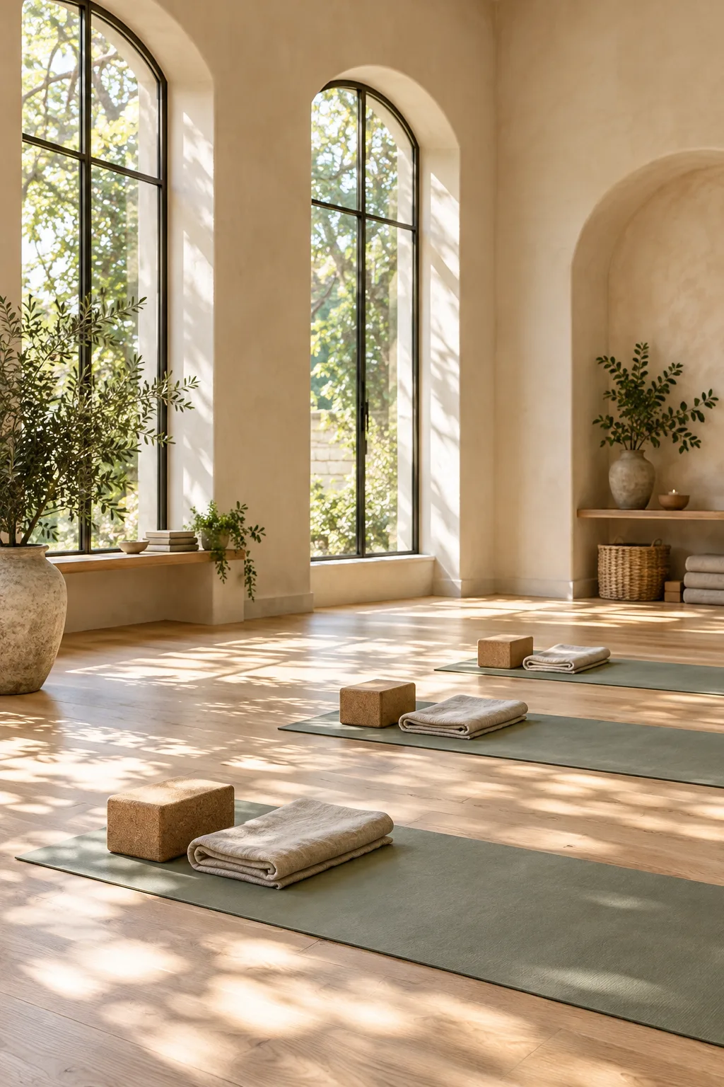 A sunlit yoga studio with sage mats, cork blocks and arched windows