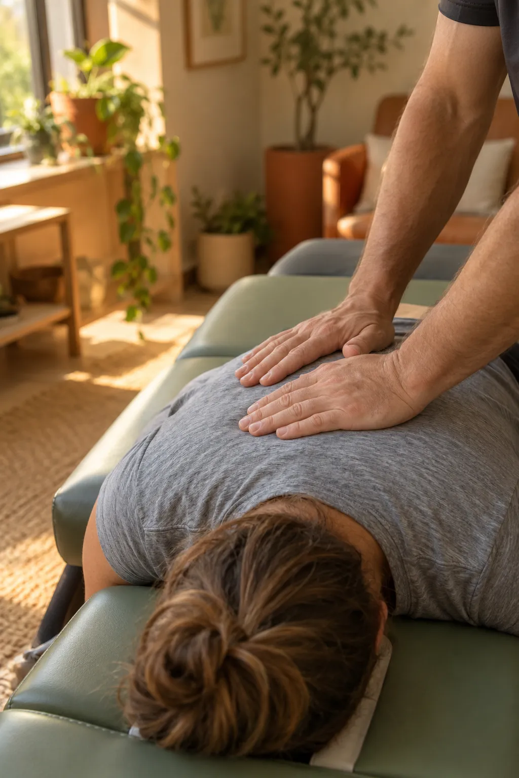 A chiropractor's hands resting gently on a person's upper back as they lie face down on a sage green table