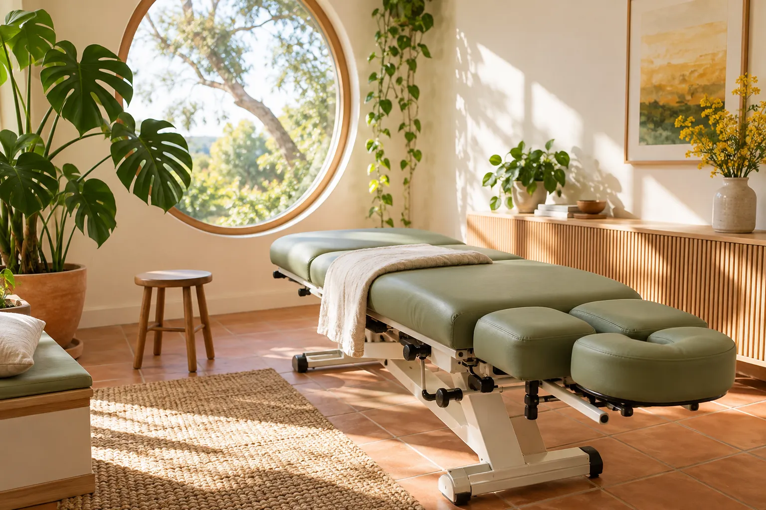 A bright chiropractic room with a sage green adjusting table, a round window, terracotta floor tiles and a big monstera plant