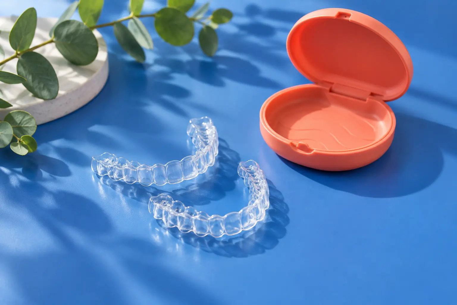 A pair of clear aligner trays beside an open coral carrying case on a cobalt surface