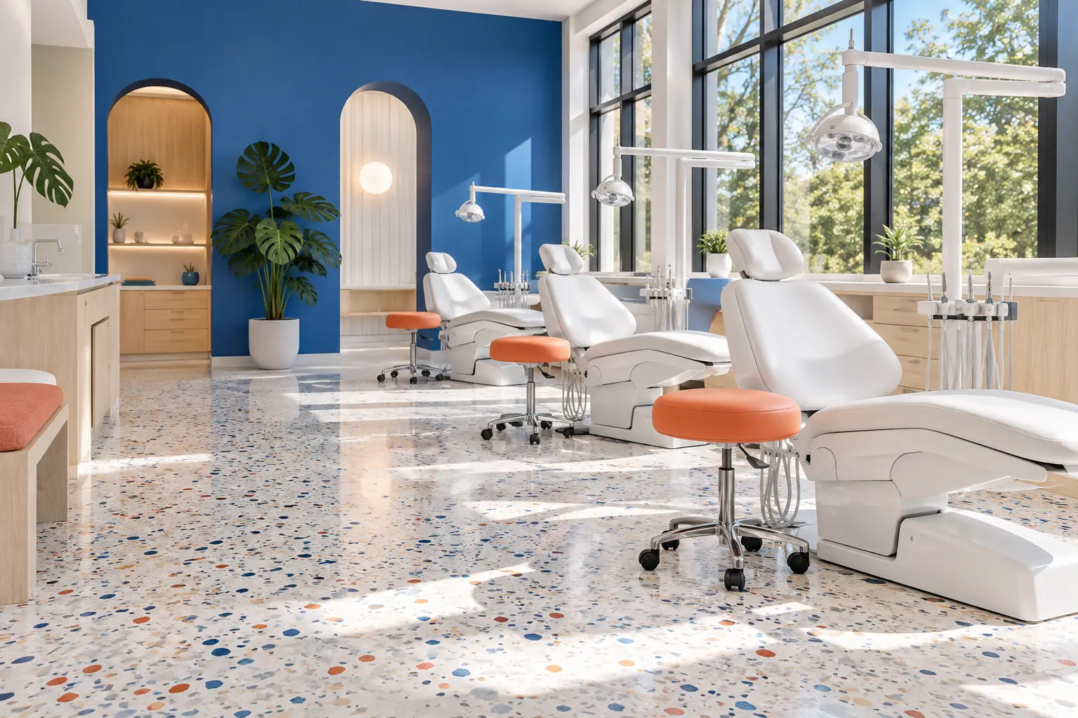 The Tandem studio: three white treatment chairs with coral stools along tall windows, a cobalt wall with arched alcoves and a terrazzo floor