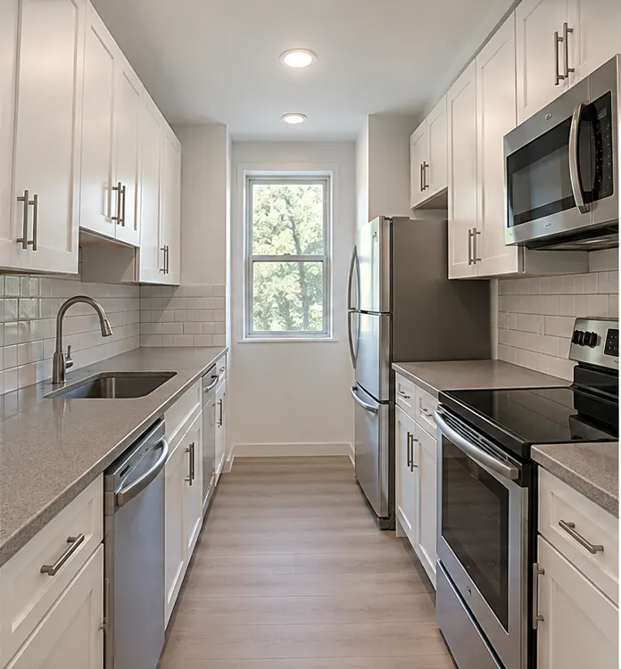 A galley kitchen with white shaker cabinets, gray counters and stainless steel appliances.
