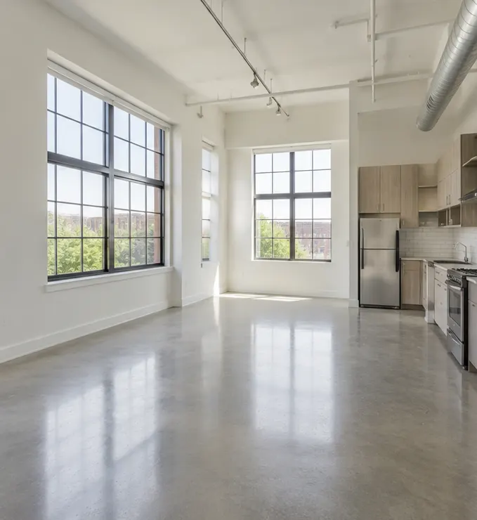 A bright studio loft with tall factory windows, a polished concrete floor and a kitchenette along one wall.