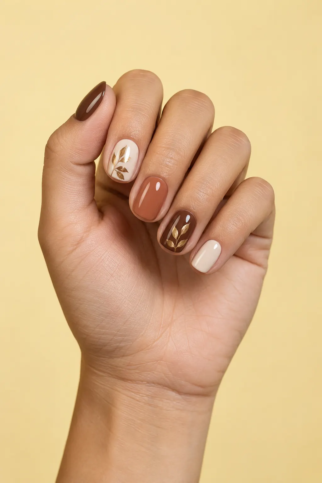 A hand with short nails in milk chocolate, cream and terracotta, two painted with tiny gold leaves
