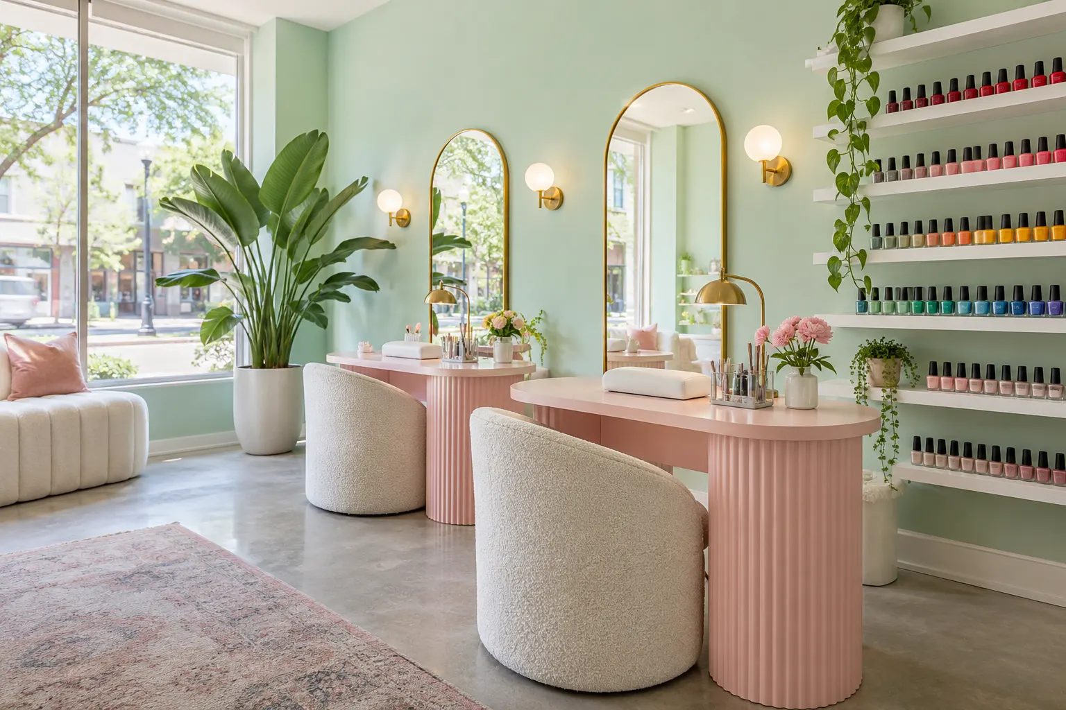 Inside the studio: pink fluted manicure tables, arched mirrors, cream chairs and a mint wall of polish in rainbow order