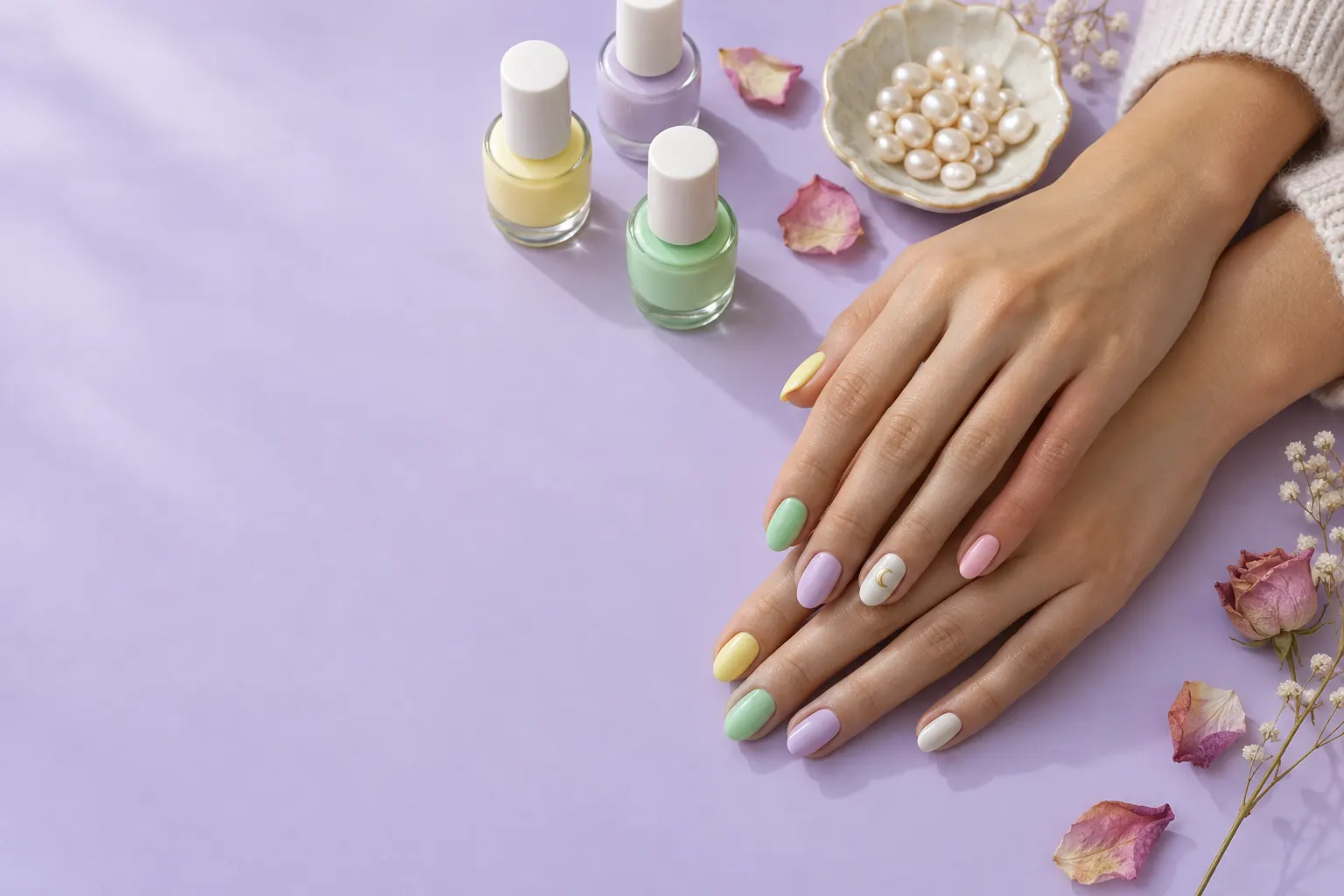 Two hands with a fresh pastel gel manicure, each nail a different shade, beside small polish bottles and a dish of pearls