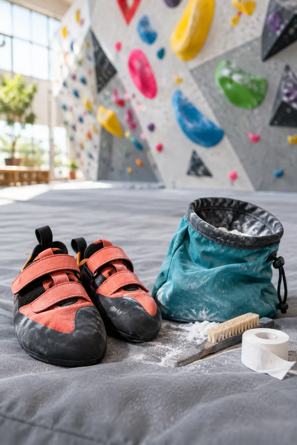 Coral climbing shoes, a teal chalk bag, a brush and finger tape on a crash mat in front of a colorful wall