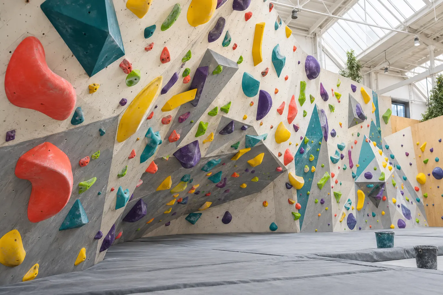 Steep bouldering walls covered in coral, teal, yellow and purple holds above thick grey mats, under skylights
