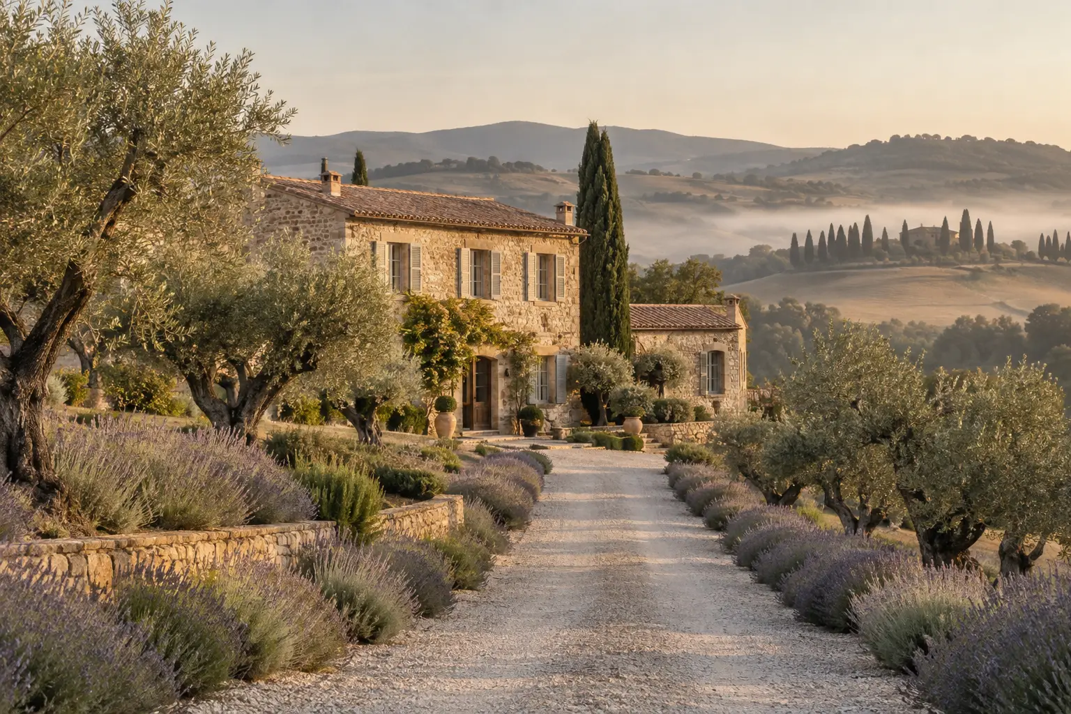 A honey-colored stone farmhouse at the end of a gravel drive lined with olive trees and lavender, misty hills beyond.