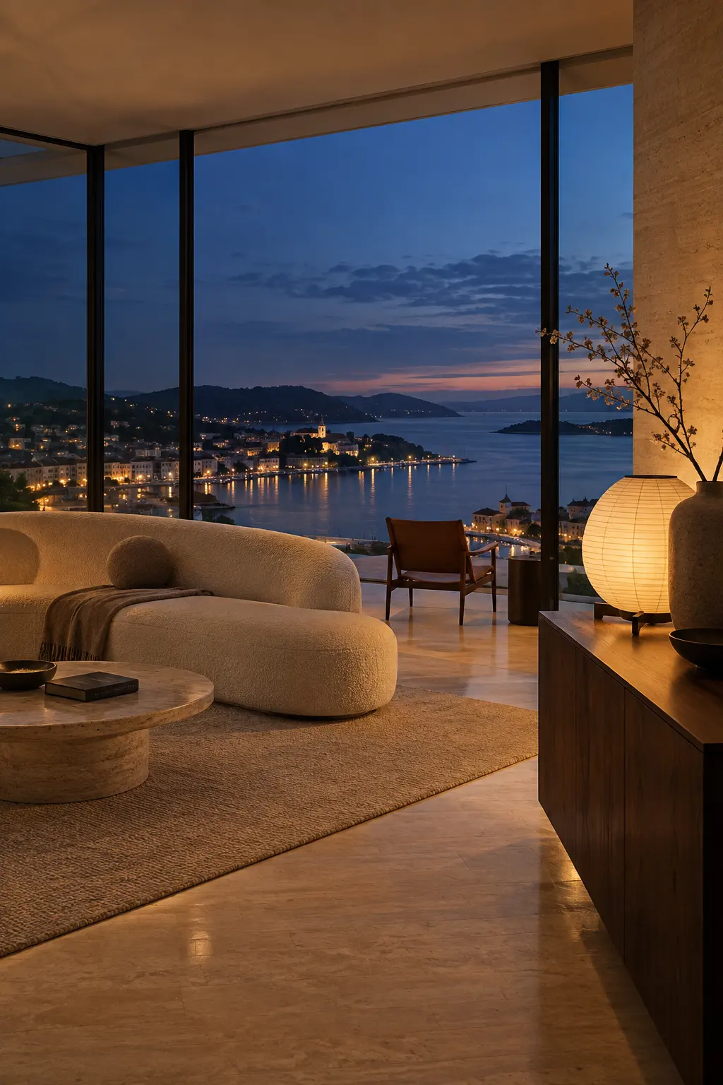 A penthouse living room at dusk, a curved cream sofa and a glowing paper lamp, the harbor and town lights through floor-to-ceiling glass.