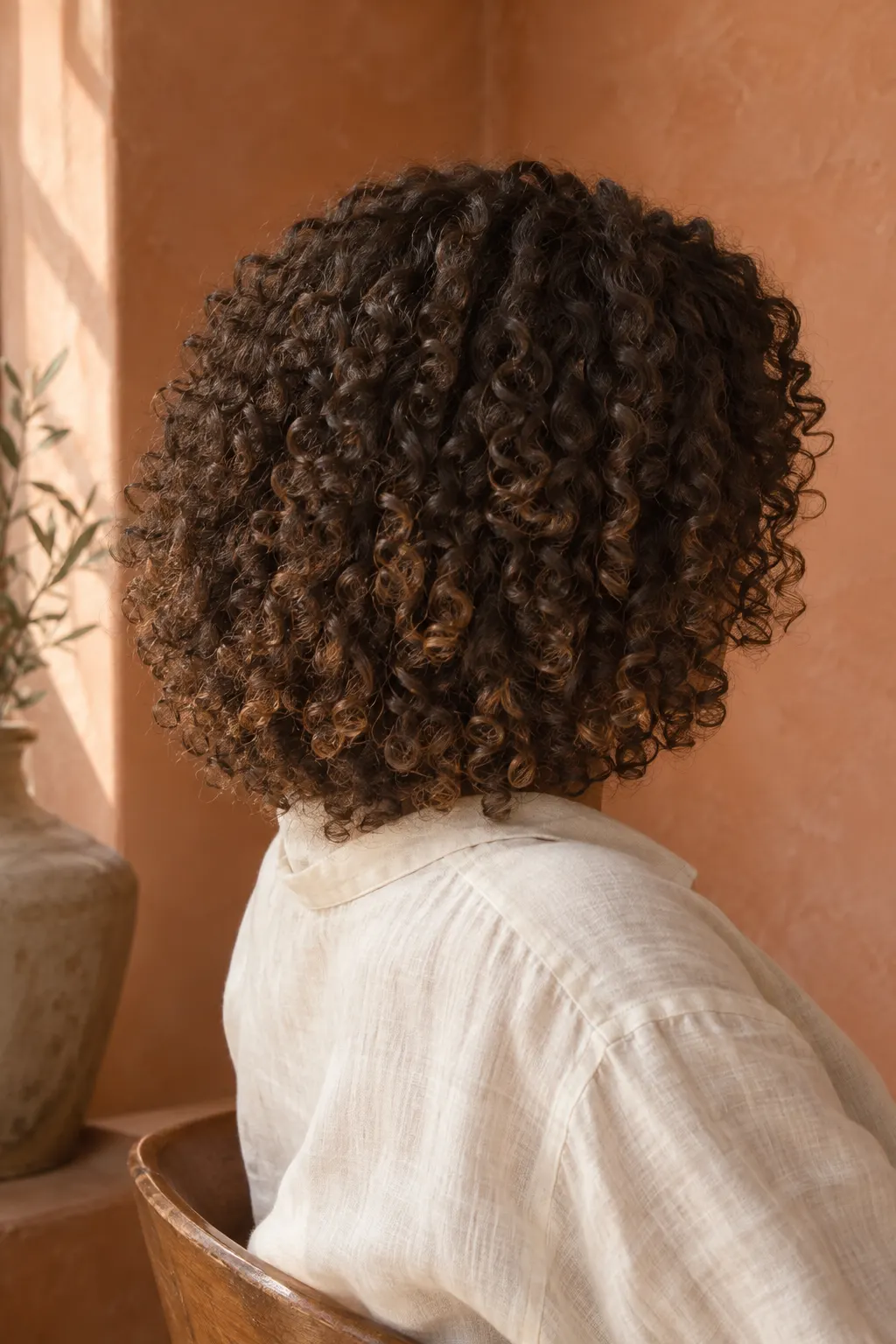 Defined dark curls in a full rounded shape, seen from behind against a terracotta wall