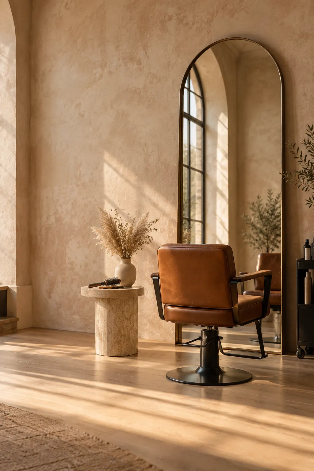 A styling station at Verso: an arched mirror against warm plaster, a cognac leather chair and afternoon light on an oak floor
