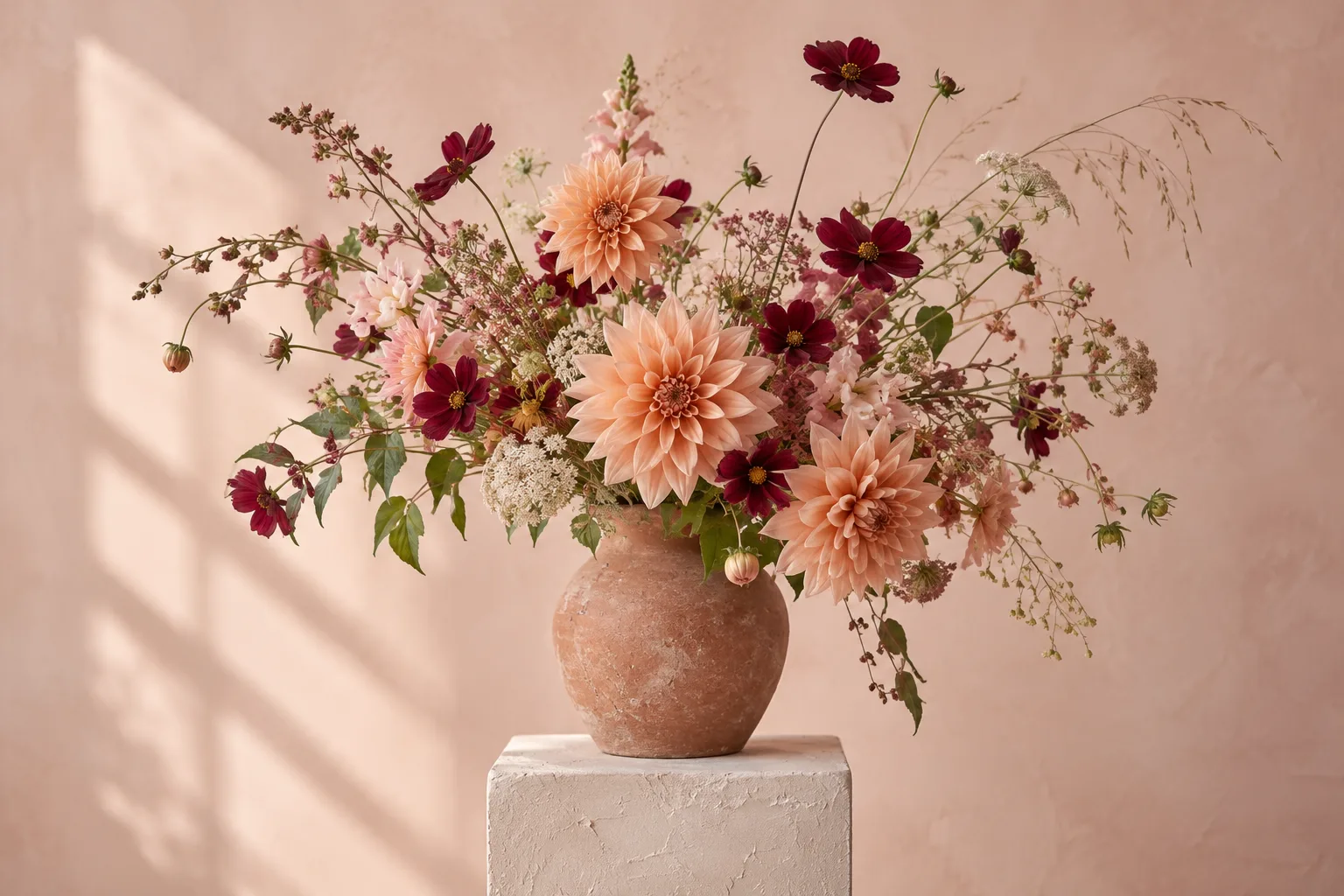 Today’s bunch: peach dahlias, chocolate cosmos and meadow stems in a terracotta vase