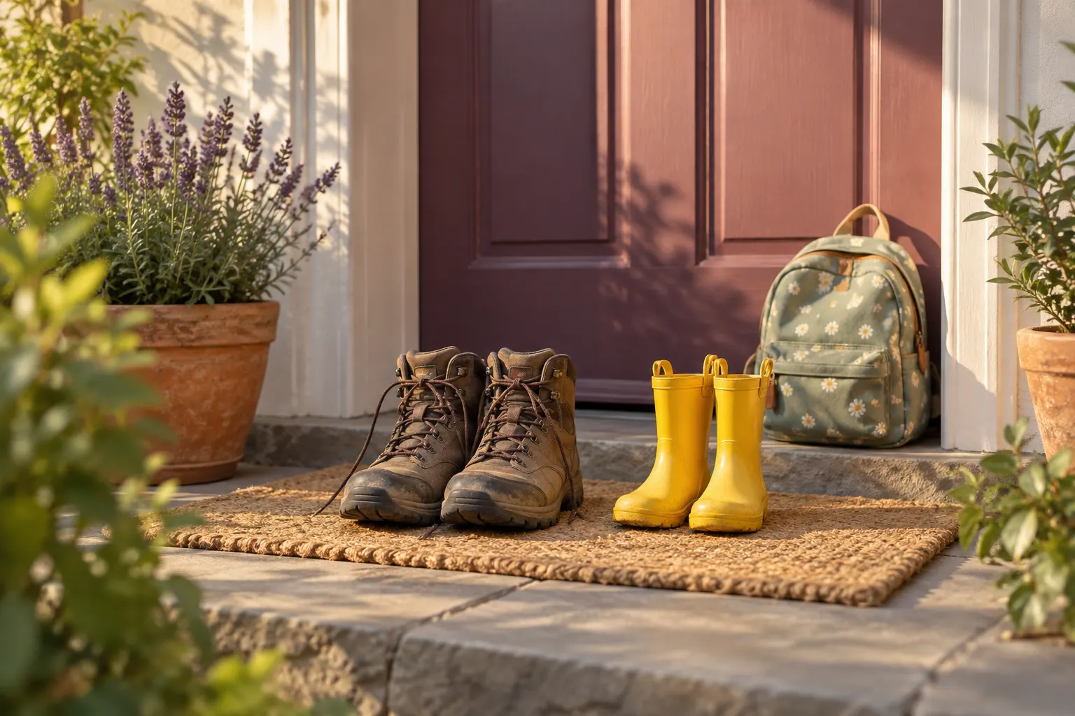 A front step in late afternoon sun: an adult’s walking boots and a child’s yellow rain boots side by side on a doormat, with a small backpack by a plum-colored door.