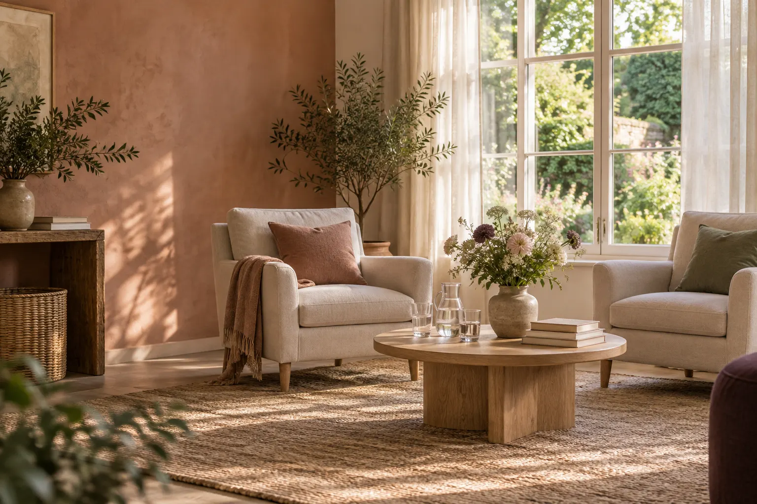 The sitting room where Willowmere meets families: two linen armchairs around a round oak table with water and garden flowers, beside a sunny window.