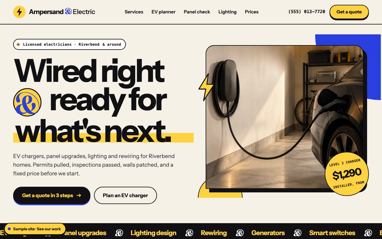 Ampersand Electric: the home page on a computer