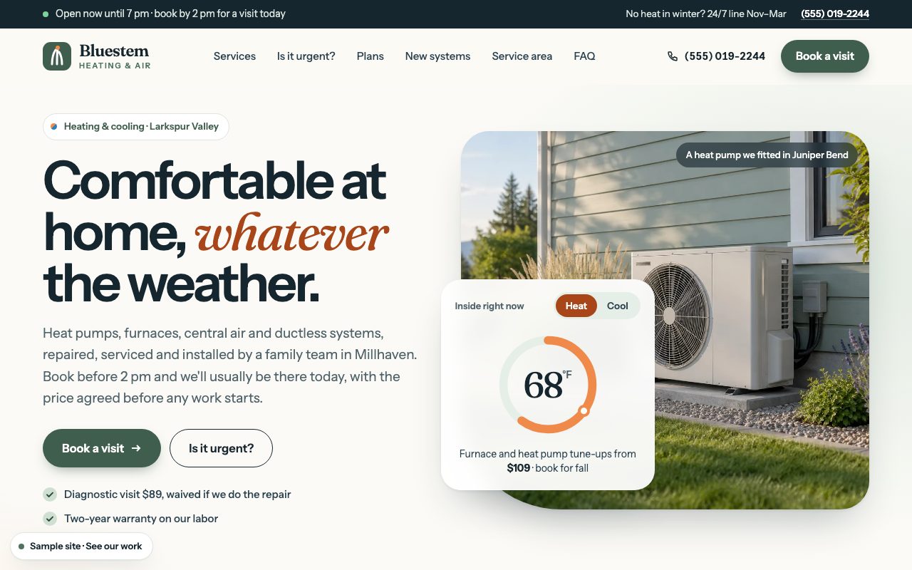 Bluestem Heating & Air: the home page on a computer