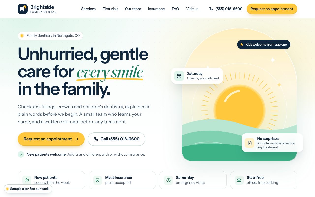 Brightside Family Dental: the home page on a computer