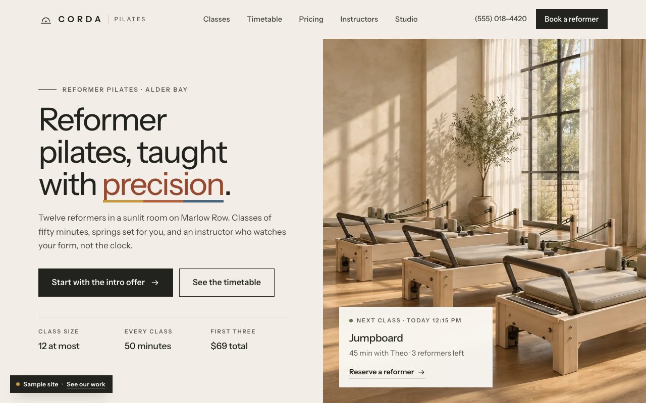 Corda Pilates: the home page on a computer