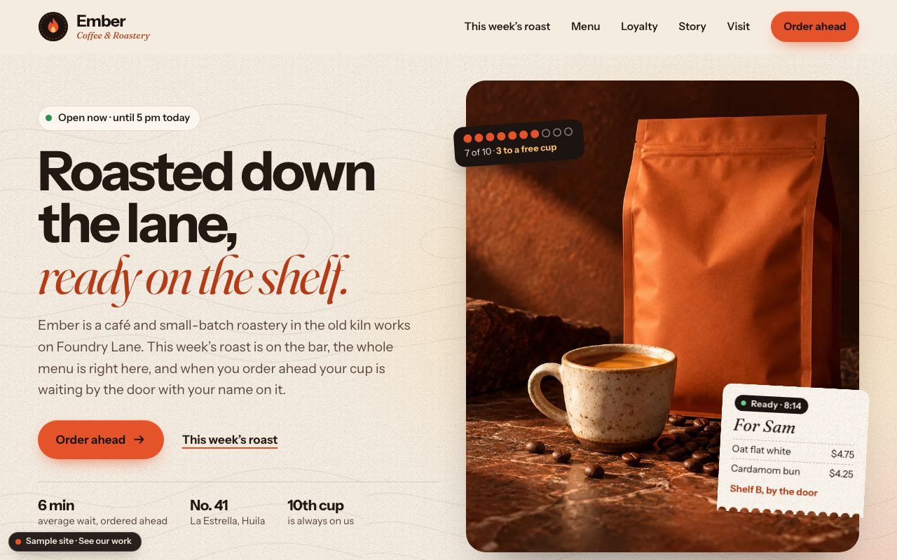 Ember Coffee: the home page on a computer