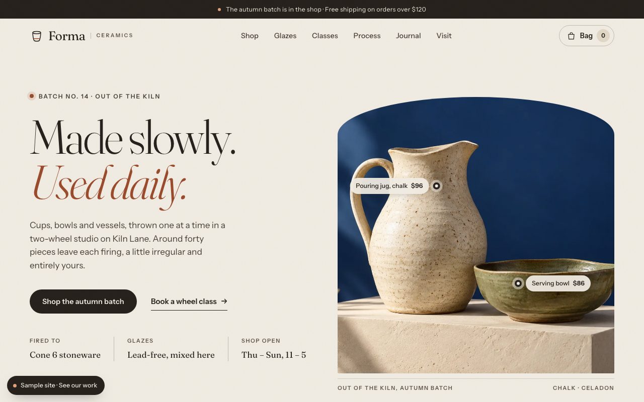 Forma Ceramics: the home page on a computer