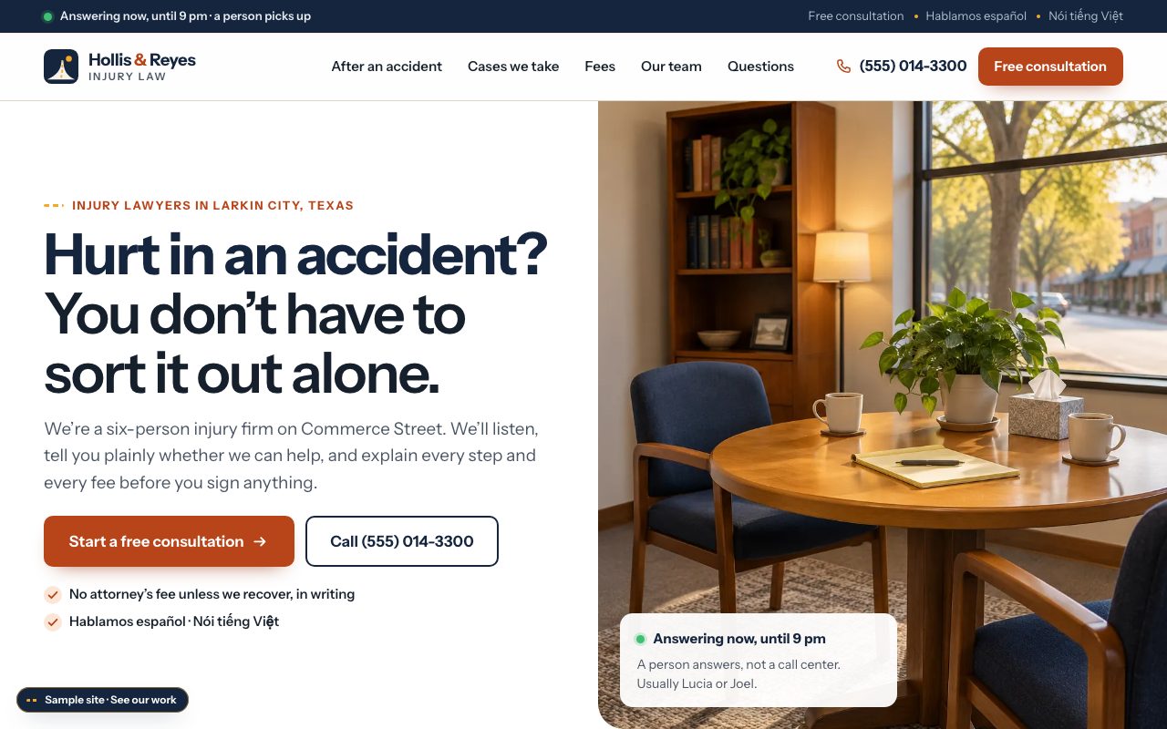 Hollis & Reyes Injury Law: the home page on a computer