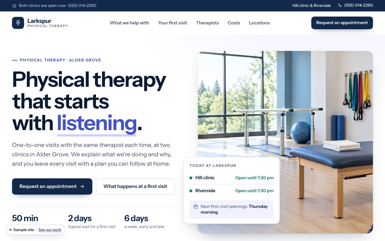 Larkspur Physical Therapy: the home page on a computer