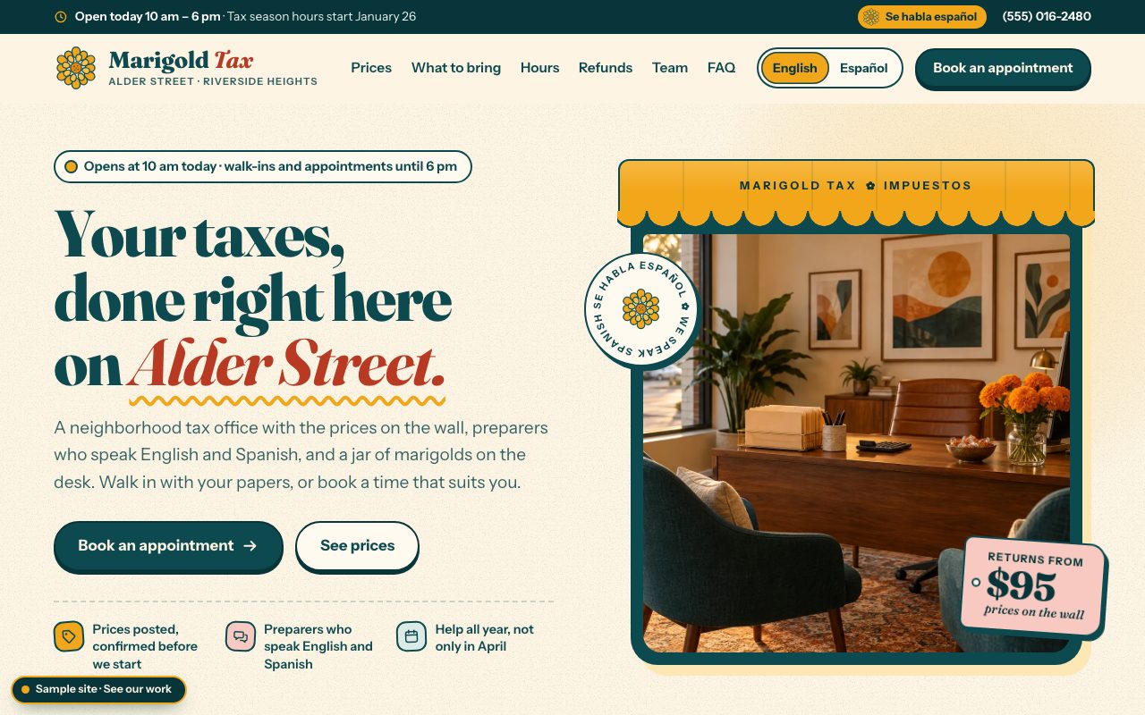 Marigold Tax: the home page on a computer