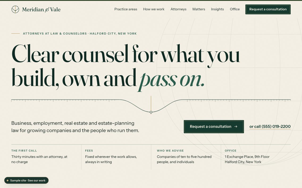 Meridian & Vale: the home page on a computer