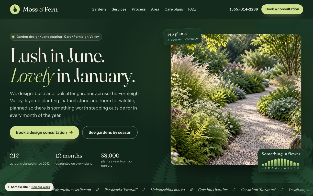Moss & Fern: the home page on a computer