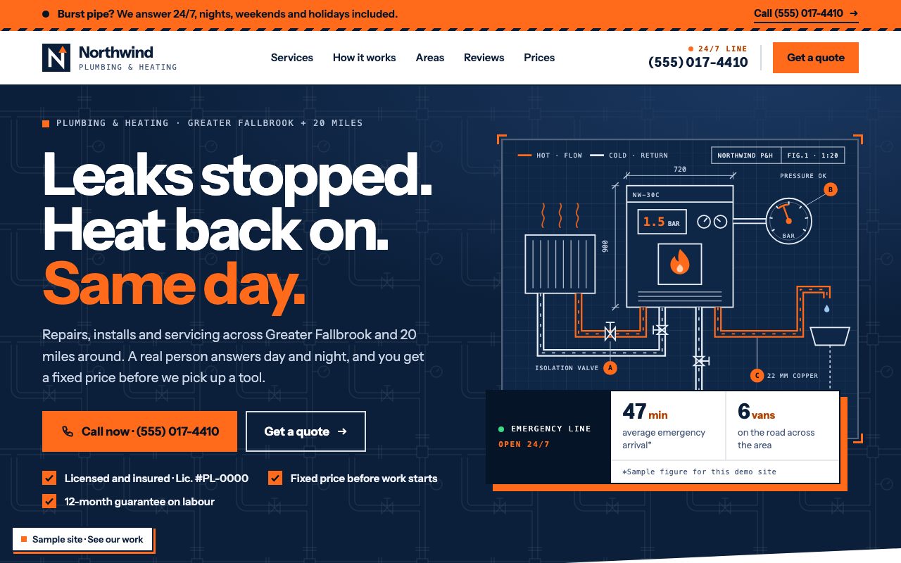 Northwind Plumbing & Heating: the home page on a computer