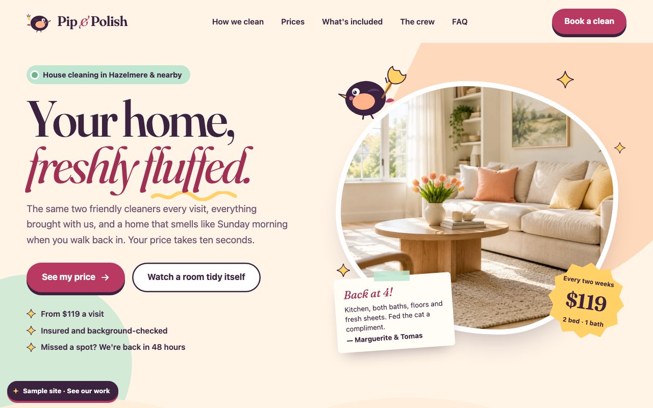 Pip & Polish: the home page on a computer