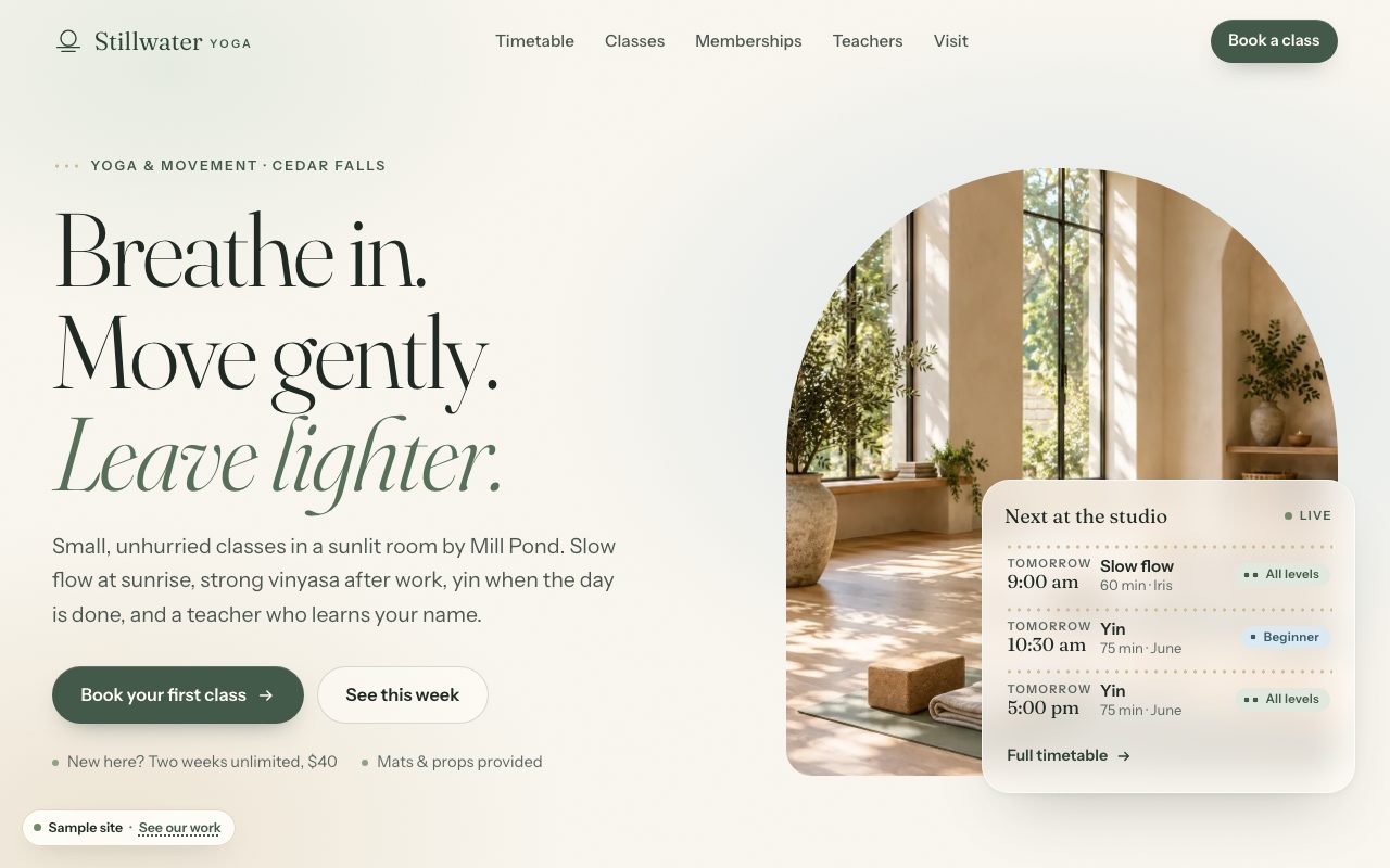 Stillwater Yoga: the home page on a computer