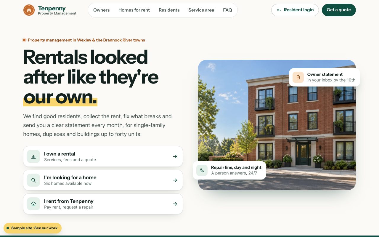 Tenpenny Property Management: the home page on a computer