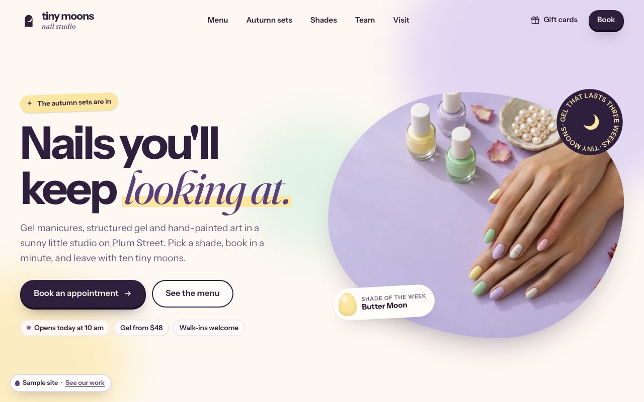 Tiny Moons Nail Studio: the home page on a computer