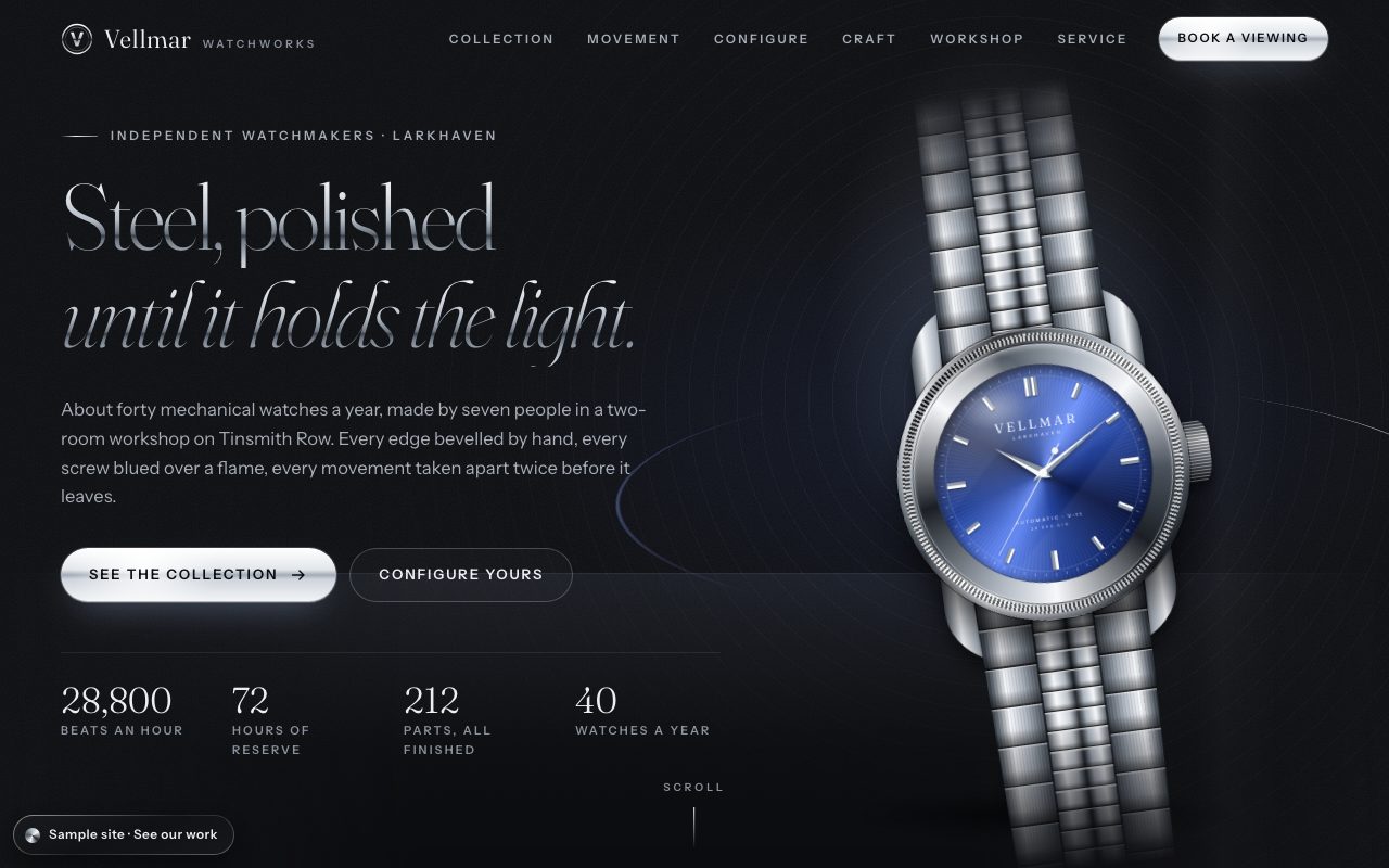 Vellmar Watchworks: the home page on a computer